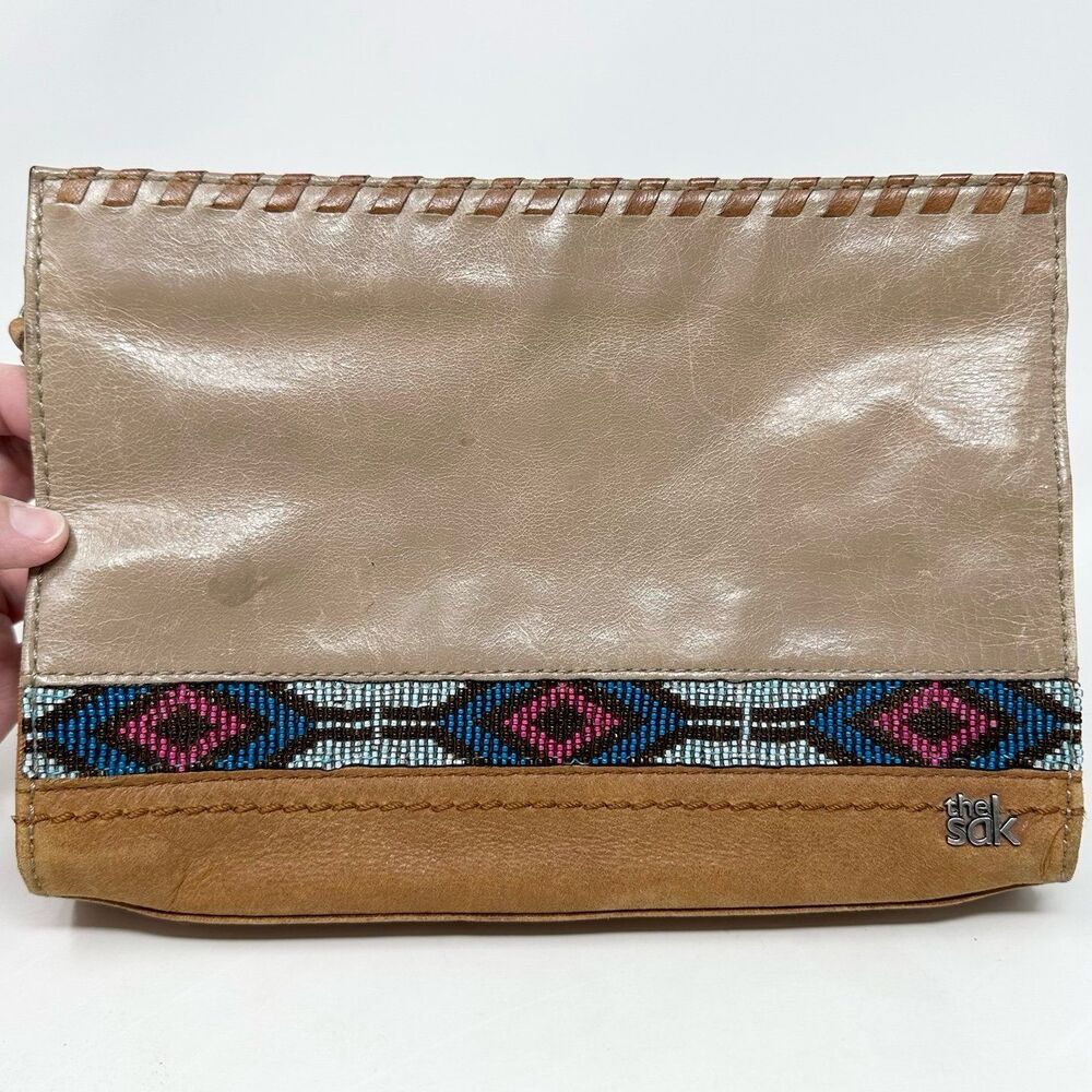 The Sak Leather Crossbody Bag Purse with Aztec Southwest Beaded Design Taupe Tan
